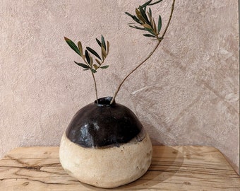 Rustic Black Ceramic Vase, Stoneware Pottery.