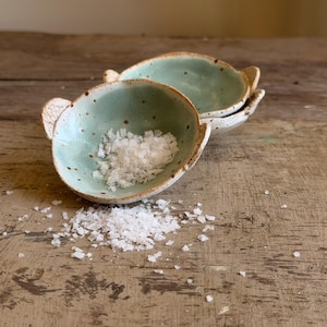 May include: Two small, round, handmade ceramic bowls with light mint green interiors and speckled brown details. Each bowl features two small, protruding side handles. The front bowl is filled with coarse white sea salt crystals.