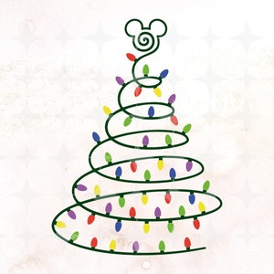 May include: A whimsical Christmas tree design featuring a spiral of green lights adorned with colorful bulbs. The tree is topped with a Mickey Mouse head silhouette. The background is a light, textured pattern.