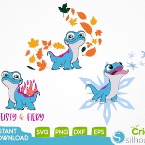May include: Three digital cut files of a blue and purple lizard character. The first image shows the lizard with a flame tail. The second image shows the lizard with autumn leaves. The third image shows the lizard with a snowflake.