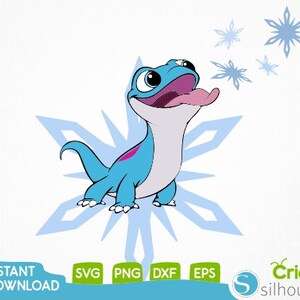 May include: A blue and purple cartoon lizard with a pink tongue sticking out, looking up at snowflakes. The lizard is standing on a blue snowflake.