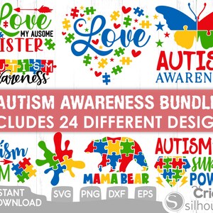 May include: A digital download bundle of 24 autism awareness designs. The designs feature puzzle pieces, butterflies, hearts, and text. The text includes "Love My Ausome Sister", "Autism Awareness", "Autism is My Super Power", and "Autism Mom".