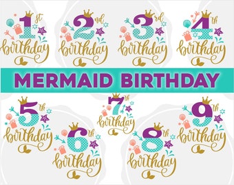 May include: A set of nine mermaid-themed birthday designs featuring numbers 1 through 9 with a mermaid tail and crown. Each design includes the word "birthday" and the ordinal number, such as "1st" or "2nd".