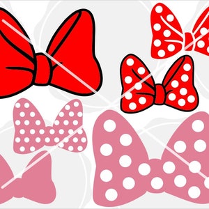 May include: A collection of cartoon bows in various colors and patterns. The bows include solid red, red with white polka dots, light pink with white polka dots, and solid light pink. Each bow has a black outline.