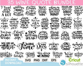 Puede incluir: Una descarga digital de 35 frases sobre el vino en texto negro sobre fondo blanco. Las frases están dispuestas en una cuadrícula y incluyen frases como "Wine Time", "Wine is Cheaper Than Therapy", y "I Trend to Wine a Lot".