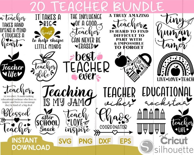 Peut inclure: Un lot de 20 fichiers de d&eacute;coupe SVG sur le th&egrave;me des enseignants, t&eacute;l&eacute;chargeable num&eacute;riquement. Les designs pr&eacute;sentent diverses phrases et images li&eacute;es &agrave; l'enseignement, telles que "Teacher Life", "Best Teacher Ever", "Teaching is My Jam" et "Educational Rockstar".