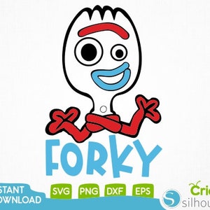 May include: A cartoon illustration of Forky from the Toy Story movie. Forky is a white spork with red arms and a blue smile. The text "FORKY" is written in blue letters below the character.
