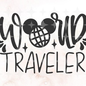 May include: Black and white graphic design with the text "World Traveler" and a stylized Mickey Mouse head with a globe inside.