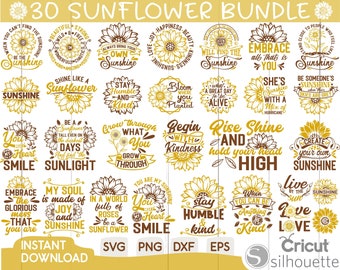 Peut inclure: Un téléchargement numérique de 30 fichiers SVG, PNG, DXF et EPS sur le thème du tournesol. Les designs présentent diverses illustrations de tournesols et des citations inspirantes sur le soleil, le bonheur et la gentillesse. Le texte "30 SUNFLOWER BUNDLE" est en haut de l'image. Le texte "INSTANT DOWNLOAD" est en bas de l'image.