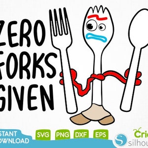 May include: A white fork and spoon with a red band around them, forming a cartoon character with a blue face and one eye. The text "ZERO FORKS GIVEN" is written in black above the character.