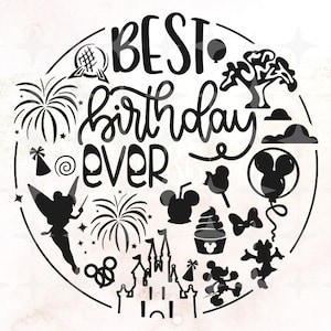 May include: Black and white graphic design featuring the text "BEST birthday ever" surrounded by various Disney-themed icons, including Mickey Mouse, fireworks, Tinkerbell, and Cinderella's castle.