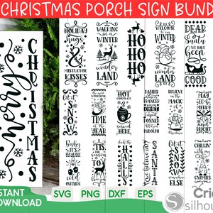 Może przedstawiać: Pakiet cyfrowych plików do pobrania z 20 czarno-białymi wzorami świątecznych tabliczek na werandę. Tabliczki przedstawiają różne świąteczne frazy i obrazy, takie jak "Wesołych Świąt", "Niech pada śnieg", "Świąteczne uściski" i "Spacer po zimowej krainie czarów".