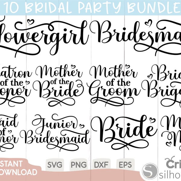 Bridal Party Svg Bundle, Wedding Svg, Bride Svg, Bridesmaid Svg, Maid of Honor Mother Groom, Mr Mrs Flowergirl, Cricut, Cut File, Svg, Png