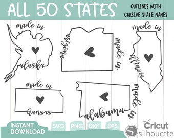 Op de afbeelding: Een digitale download van contouren voor alle 50 Amerikaanse staten met cursieve statenamen en een hart in elke staat. De tekst "Made in" staat boven elke staat. De tekst "All 50 States" staat bovenaan de afbeelding. De tekst "Outlines with Cursive State Names" staat rechtsboven in de afbeelding. De tekst "Instant Download" staat linksonder in de afbeelding. De tekst "SVG PNG DXF EPS" staat onderin het midden van de afbeelding. De tekst "Cricut Silhouette" staat rechtsonder in de afbeelding.