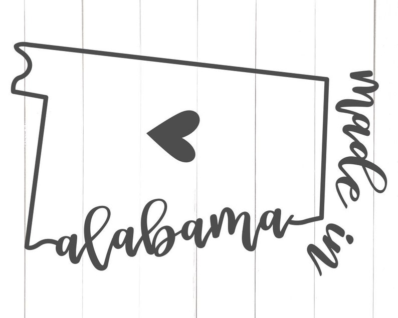 Może przedstawiać: Czarno-biały zarys stanu Alabama z tekstem "made in Alabama" i sercem wewnątrz zarysu stanu.