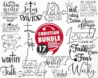 Puede incluir: Una descarga digital de 17 archivos SVG, PNG, DXF y EPS con temática cristiana. Los diseños incluyen citas inspiradoras como "Chosen Blessed Forgiven Redeemed", "Jesus is my Savior", "Love Never Fails", "Not Today Satan", "Living on a Prayer", "Loved", "Faith Over Fear", "Worthy", "If the Stars Were Made to Worship So Will I", and "Created with a Purpose".