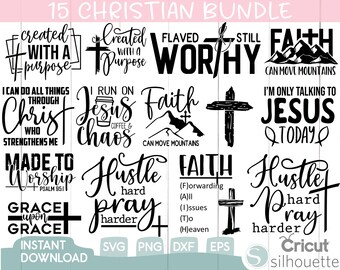 Puede incluir: Un paquete digital de 15 diseños en blanco y negro con citas y frases de temática cristiana. Las citas incluyen "Creado con un propósito", "Flawed but worthy", "La fe puede mover montañas", "Solo le hablo a Jesús hoy", "Hecho para adorar", "Hustle hard pray harder", y "La gracia sobre la gracia".