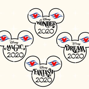 Op de afbeelding: Vier zwarte en witte Mickey Mouse-kop silhouetten met rode en blauwe golven en de tekst "Disney" en de naam van een Disney cruiseschip, "Wonder", "Magic", "Dream" en "Fantasy", en het jaar "2020" onder elke scheepsnaam.