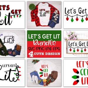 以下が含まれることがあります： 「Let's Get Lit」のテキストと赤と緑のクリスマスライトをフィーチャーした、クリスマスをテーマにした4つのデジタルデザインのバンドル。Tシャツ、マグカップ、看板、その他のクラフトの作成に最適です。