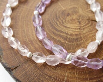 Pulseira de prata de lei com ametista ou quartzo rosa | Joias com contas de pedras preciosas