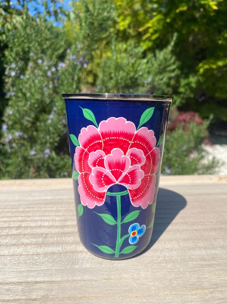 Hand-painted Stainless Steel/Enamel Tumbler from Kashmir Dark Blue