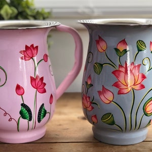 Hand-painted Lotus Flower Stainless Steel/Enamel Jug from Kashmir