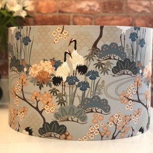 Vintage Japanese Crane and Cherry Blossom Lampshade in Silver, Gold and Blue