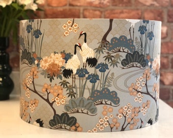 Vintage Japanese Crane and Cherry Blossom Lampshade in Silver, Gold and Blue