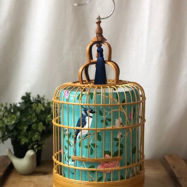 Lampe cage à oiseaux vintage en bambou naturel/lanterne avec tissu chinois turquoise pour la maison ou le jardin