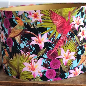 Vibrant Jungle Lily, Parrot, Hummingbird Lampshade with Embossed Silver Lining