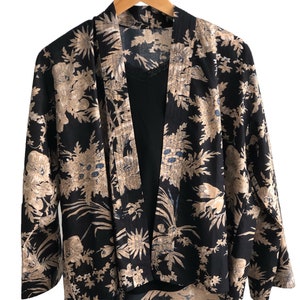 Cotton Kimono Jacket in Black With Cream Flowers Etsy UK