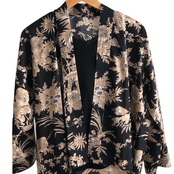 Veste kimono en coton bleu foncé noir avec fleurs crème