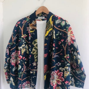 Cotton Kimono jacket in dark blue with yellow, pink and green flowers