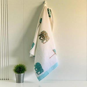 Indian Block Printed Waffle Towel: Turquoise Elephant Beach or Bath Towel