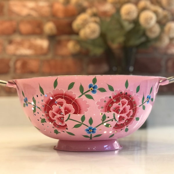 Hand-painted Stainless Steel/Enamel Pale Pink Colander from Kashmir