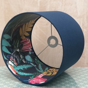 Handmade Dark Navy Blue Lampshade with Tropical Paper Lining with toucan, lemur and parrot for Ceiling or Lamp
