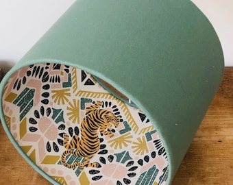 Handmade Sage Green Linen Lampshade with Tiger Paper Lining in Mustard, Blush and Pine Green for Ceiling or Lamp