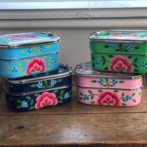 Hand-painted Flower Stainless Steel/Enamel Lunchbox from Kashmir in Green, Pink and Blue