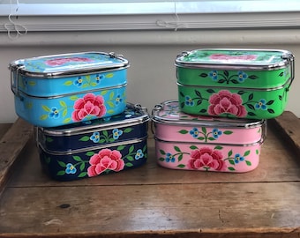 Hand-painted Flower Stainless Steel/Enamel Lunchbox from Kashmir in Green, Pink and Blue