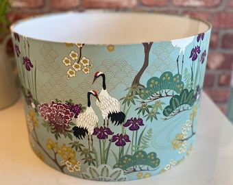 Sage Green Japanese Crane and Cherry Blossom Lampshade