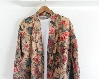 Kimono de algodón: Estampado floral de pájaros, rosa pálido