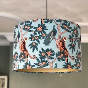 Tiger and Peacock Velvet Lampshade in Pale Stone Blue with Brushed Gold Lining
