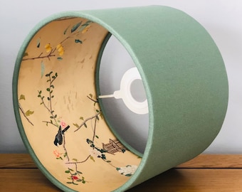 Sage Green Linen Lampshade with Gold Chinoiserie Bird Lining