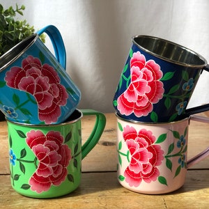 Set of 4 Hand-painted Kashmiri Enamelware Mugs