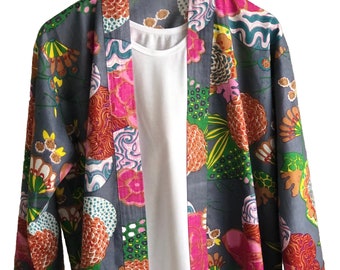 Cotton Kimono jacket in dusky blue with pink, green and blue flowers