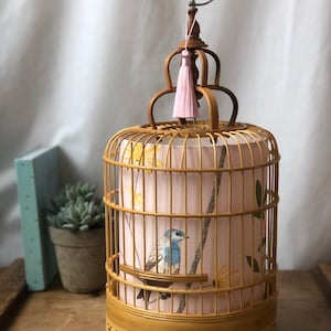 Natural Vintage Bamboo Birdcage Lamp/Lantern with Pale Pink Shade for Home or Garden