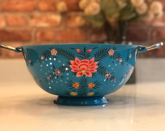 Hand-painted Stainless Steel/Enamel Light Blue Colander from Kashmir