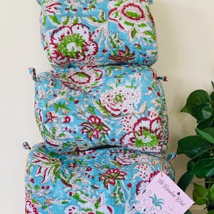 Blue Floral Quilted Toiletry and Makeup Bags - Set of 3