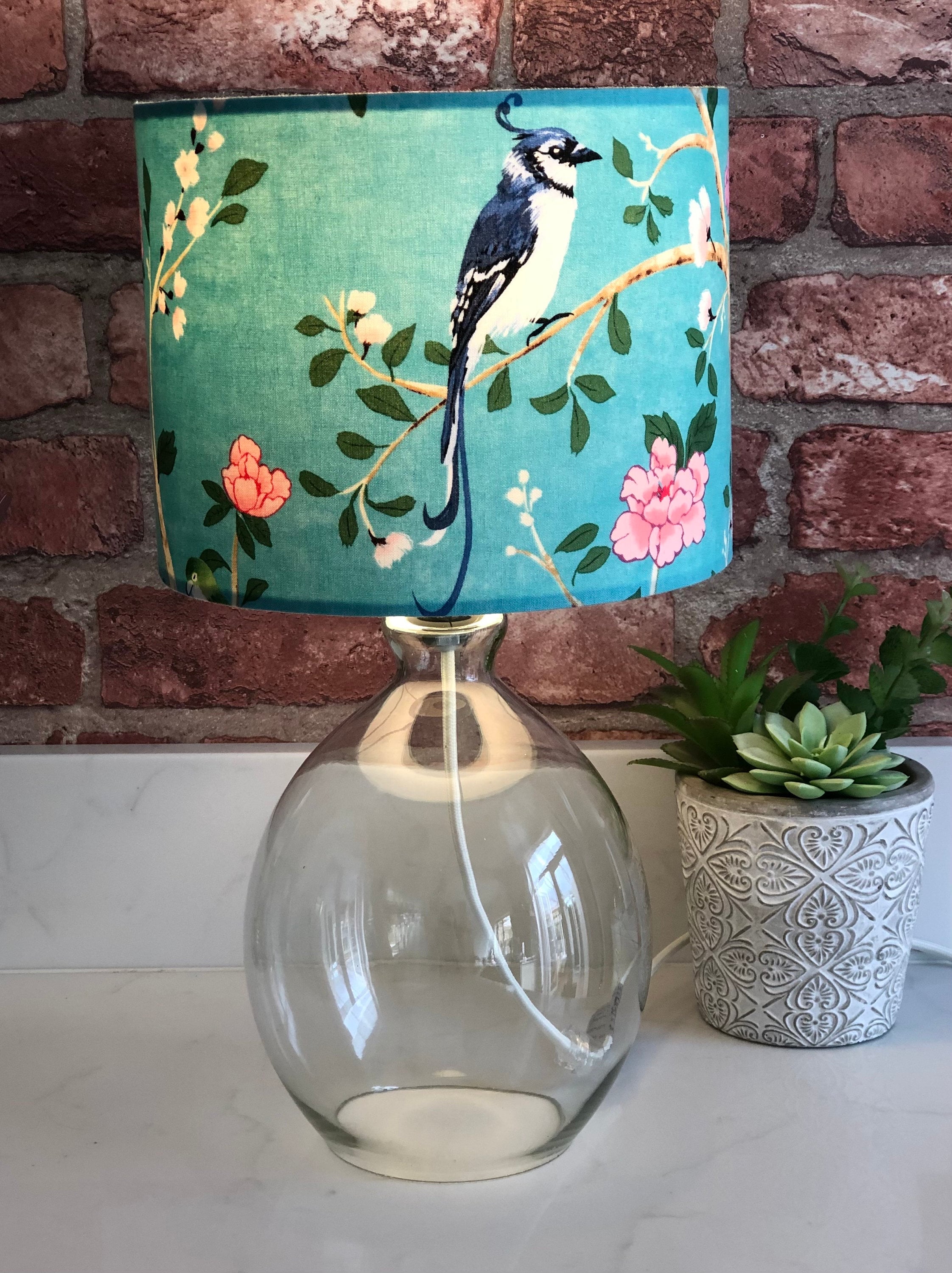 Turquoise Chinoiserie Lampshade with Bird and Flower Design