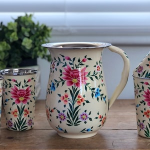 Hand-painted Cream Floral Stainless Steel/Enamel Jug and Tumbler Set from Kashmir